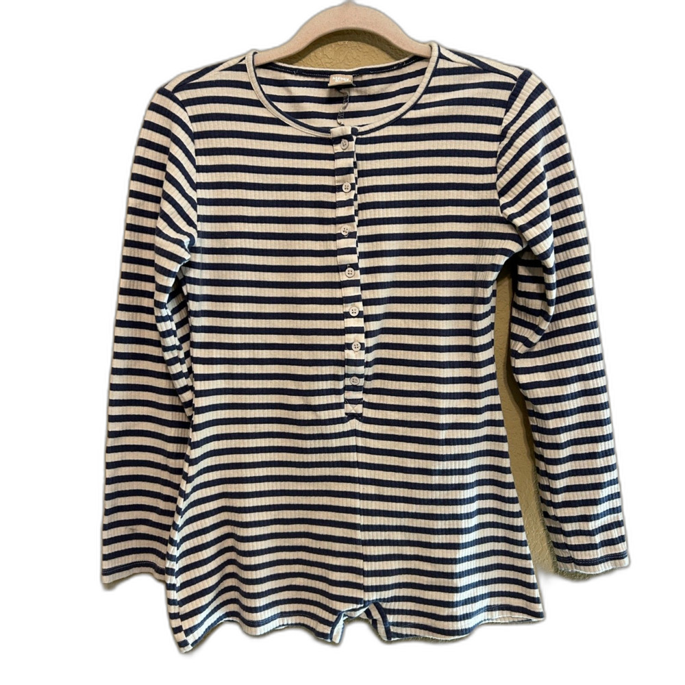 Messy Bun Ribbed Romper Womens Large Blue Cream Striped Stretch Long Sleeve